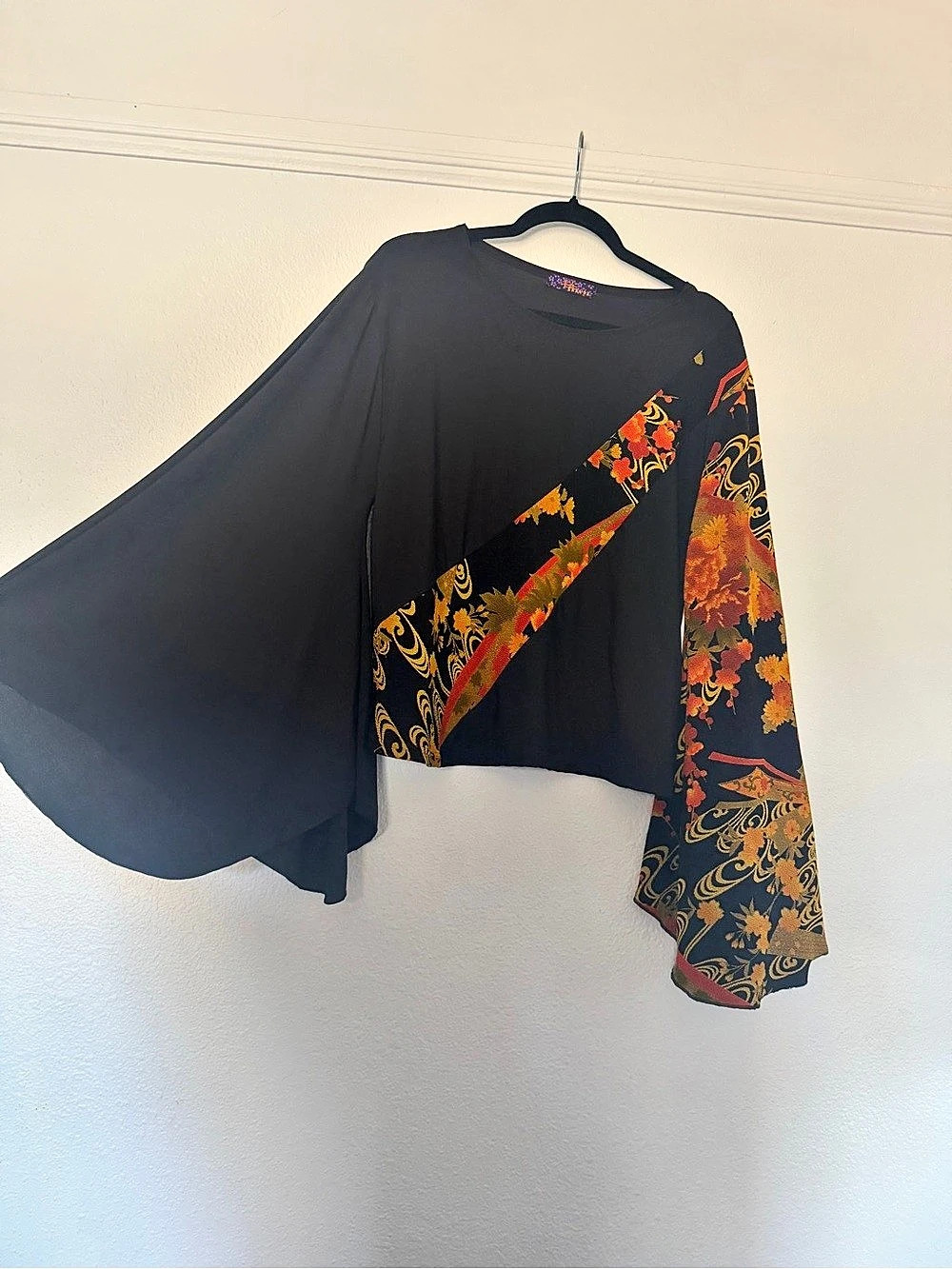 Sakura Japanese Kimono Sleeve Floral Asymmetrical Tunic in Black & Orange wide